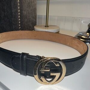 Gucci Black Leather Belt with Gold Logo Buckle